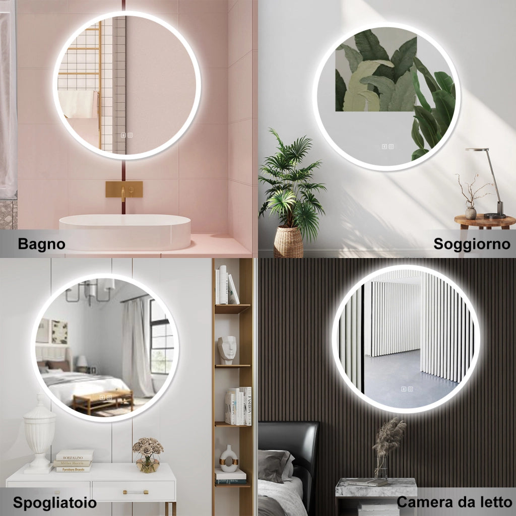 AICA Specchio da bagno 80 x 80 cm, blue tooth, 3 colori, antiappannamento, dimmerabile, interruttore touch, Funzione Memoria