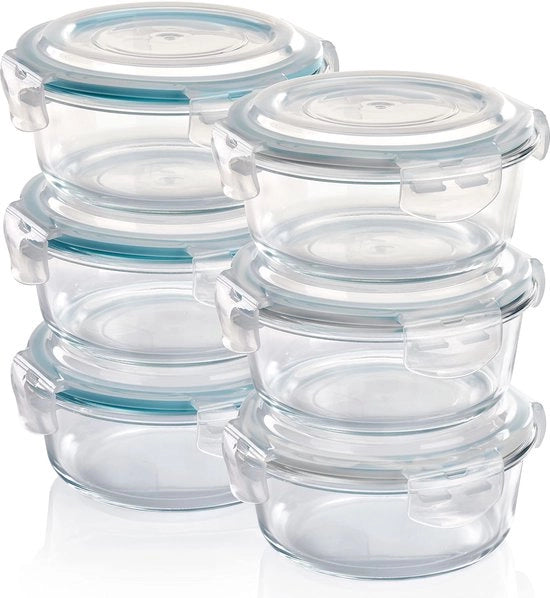Contenitori di cibo in vetro, set da 6 x 620 ml, ermetici, a forma rotonda, chiusura a click, contenitori di archiviazione universali per forno, microonde e congelatore