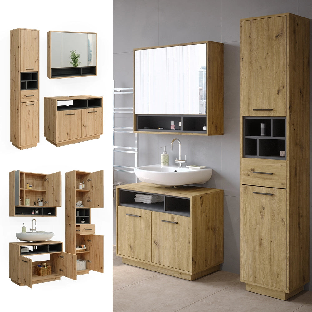 Vicco Set di mobili da bagno Rovere artigianale 3 parti, con colonna