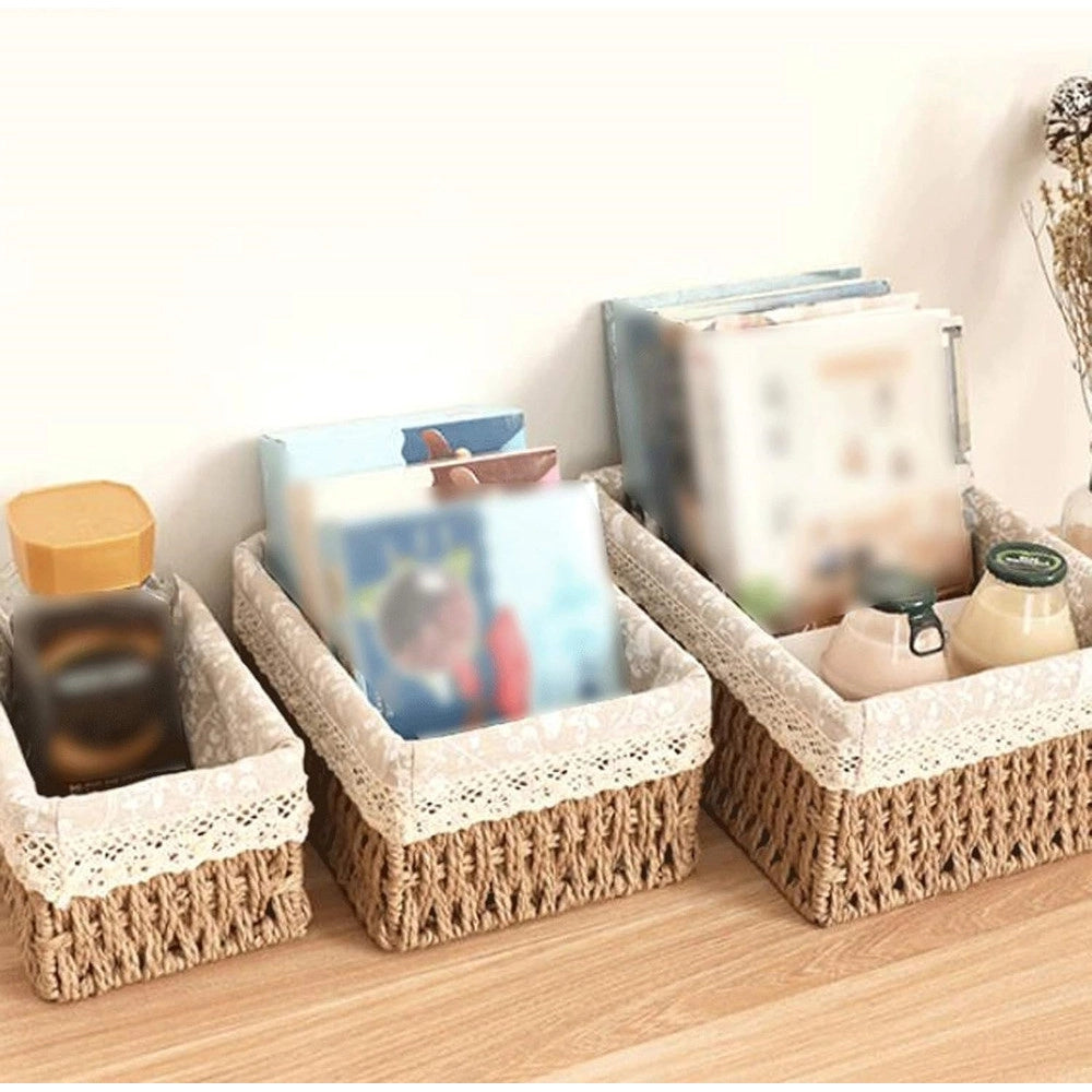 Trade Shop - Set 3 Pz Porta Oggetti Organizer Cestino Intrecciato Con Fodera In Tessuto 79158 -