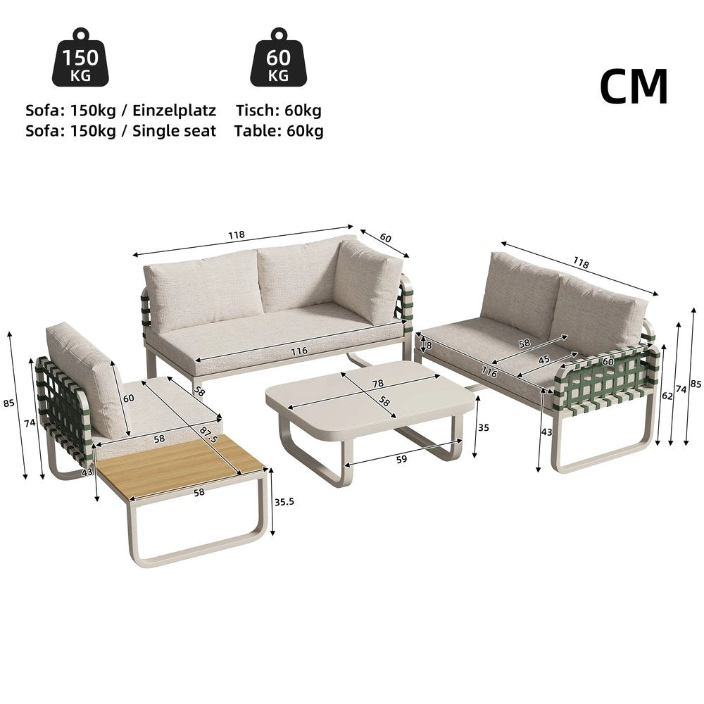 Set da giardino in rattan verde - Zephmum- 4-5 posti con cuscini