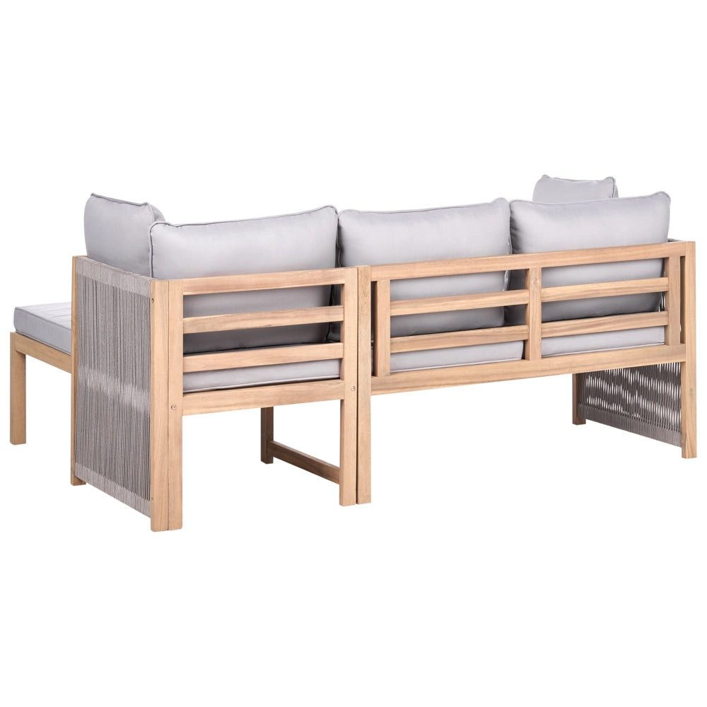 Set divano angolare da giardino grigio in legno di acacia con rivestimento in tessuto,cuscini sfoderabili resistenti ai raggi UV e all'acqua