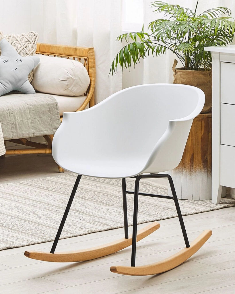 Sedia A Dondolo Bianco Materiale Sintetico Gambe In Metallo Seduta Conchiglia Pattini In Legno Massello Stile Scandinavo Moderno