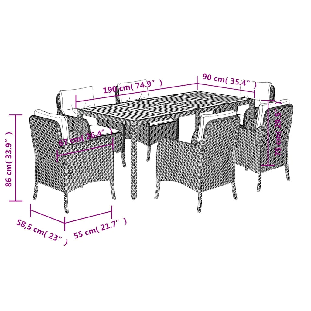 Set da Pranzo da Giardino 7 pz Nero con Cuscini in Polyrattan 3211864