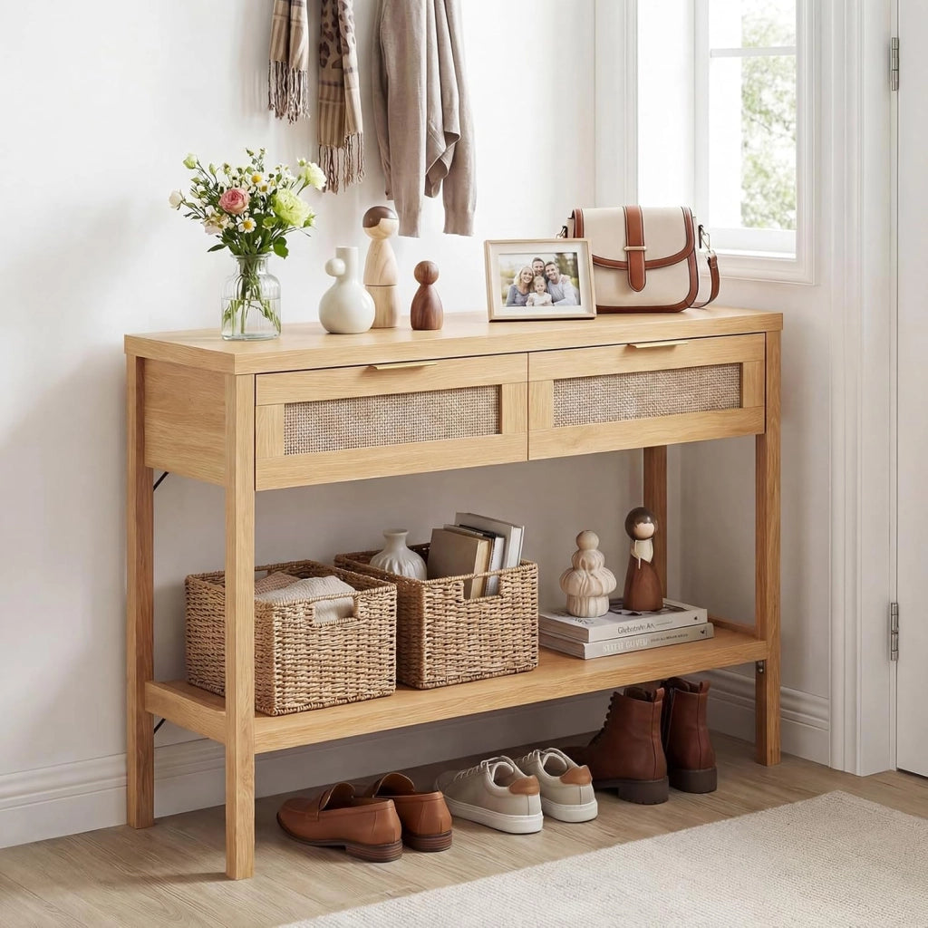 Tavolo Consolle, Tavolino da Divano in Legno con Doppio Cassetto, Ripiano Inferiore e Ampio Piano, Kit Antiribaltamento, Consolle per Ingresso, Corridoio e Soggiorno (Naturale)
