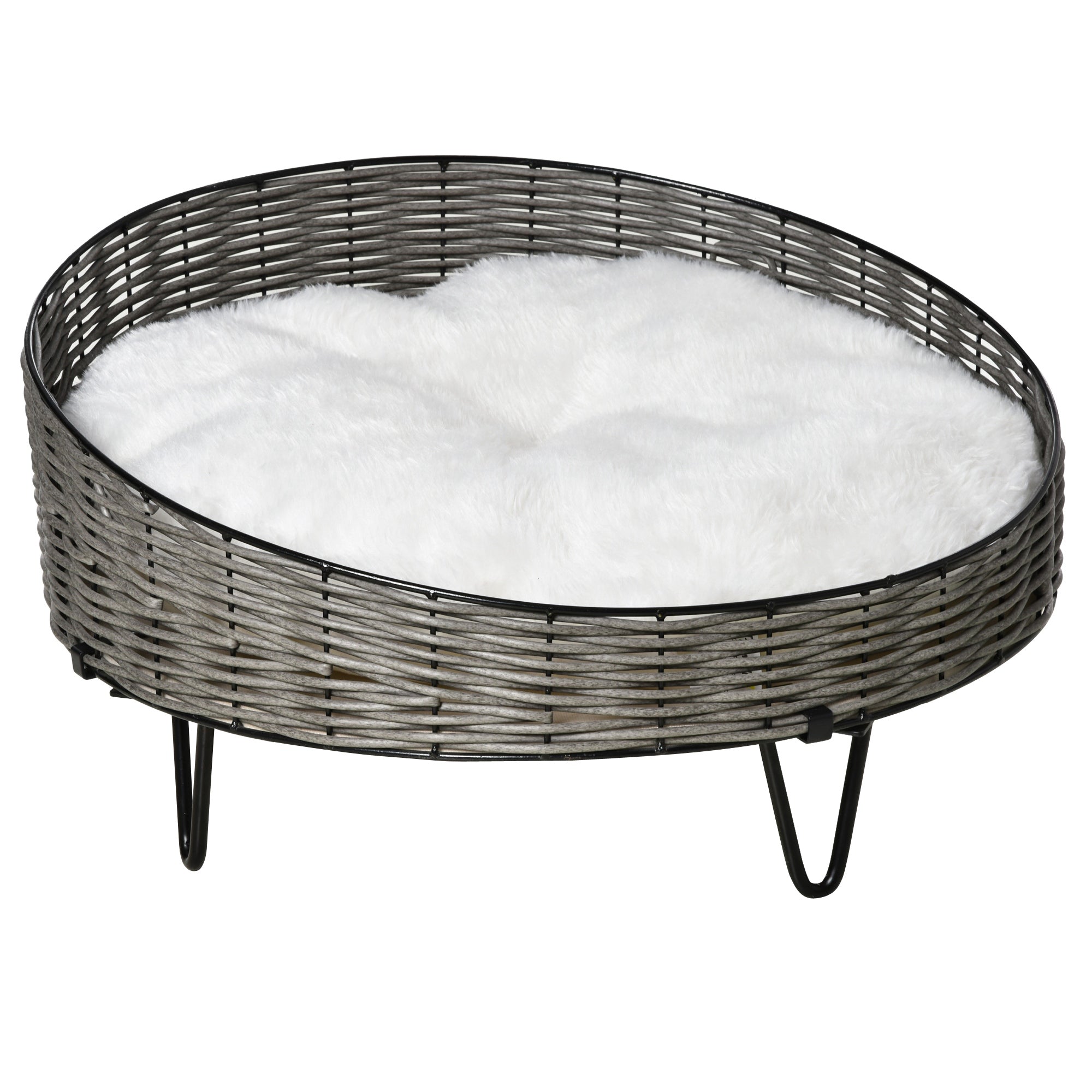 Cuccia per Cani e Gatti Rialzata Ø60x32 cm in Rattan Grigio Scuro