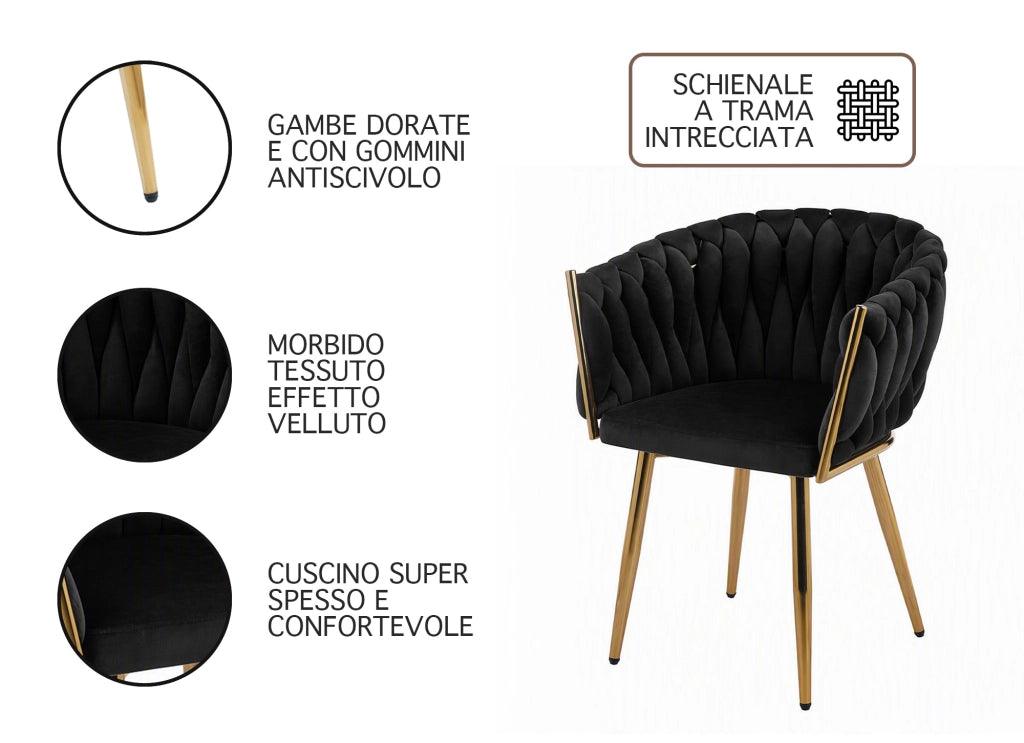 Poltrona Con Schienale In Velluto Intrecciato Design Moderno, Sedia Imbottita Circolare con Gambe in Metallo Placcato Oro Poltroncina Sala Pranzo Camera Salotto Cucina con Seduta Morbida Nero