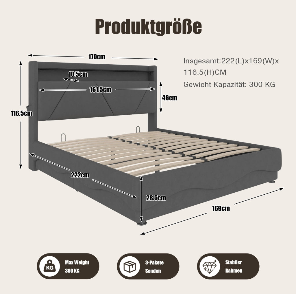 Letto 160x200 cm con LED, contenitore, USB e Type-C