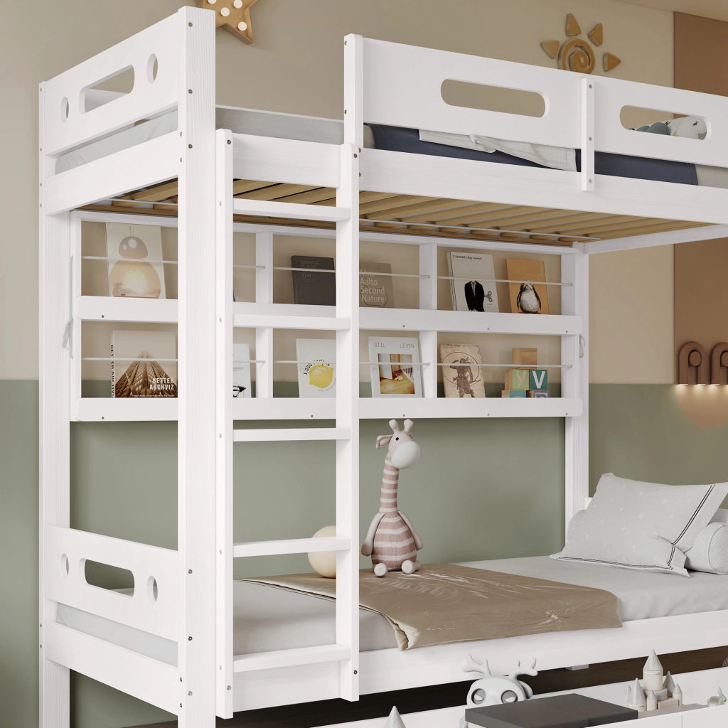 Letto a Castello Singolo con Cassetti e Rete a Doghe ¨C MINIMAL ¨C Pino/MDF, Bianco, 90x200