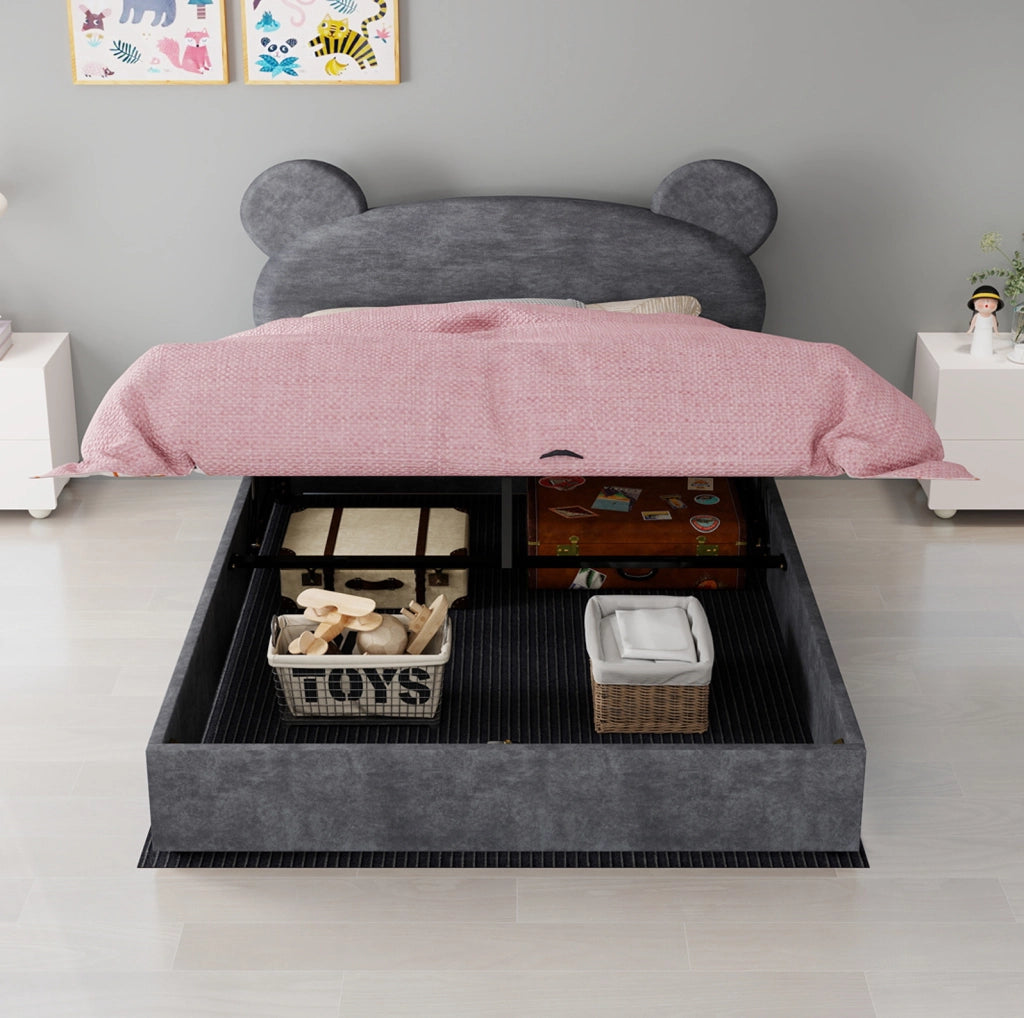 Letto per bambini con contenitore sollevabile e materasso 140x200 cm; velluto grigio