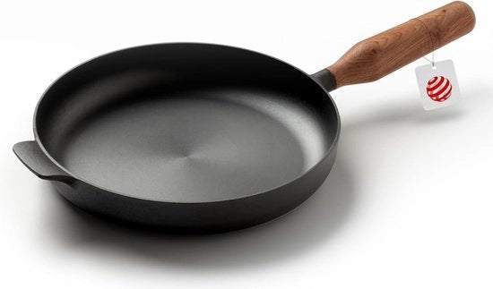 Piastra per cottura - eccellente piastra premium in ghisa fine, piastra in ghisa per induzione, 26 cm, maniglia in legno artigianale, tutti i tipi di fuoco, smalto antiaderente, pre-ossidato (tiglio).