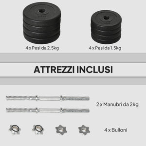 Set Pesi Manubri da 20 kg con 8 Dischi in Acciaio e Sabbia Nero