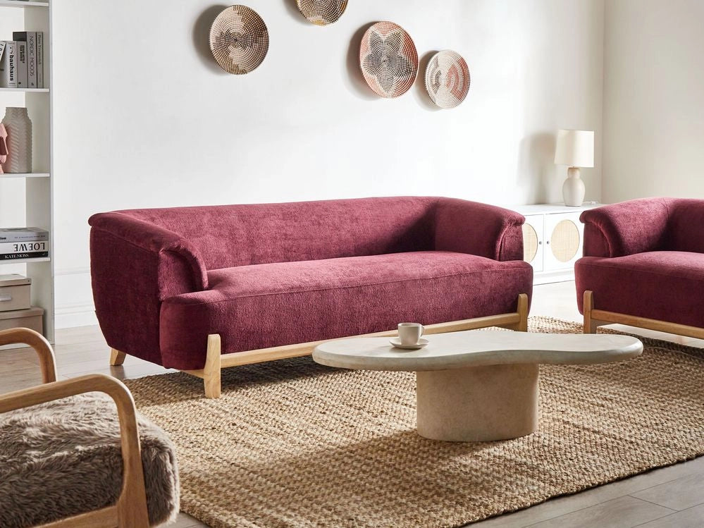 Divano a 3 posti imbottitura in poliestere gambe in legno soggiorno stile moderno bordeaux