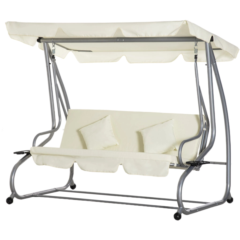 Dondolo Letto da Giardino 3 Posti con Tetto Regolabile e 2 Portabicchieri, 200x120x164 cm, Crema
