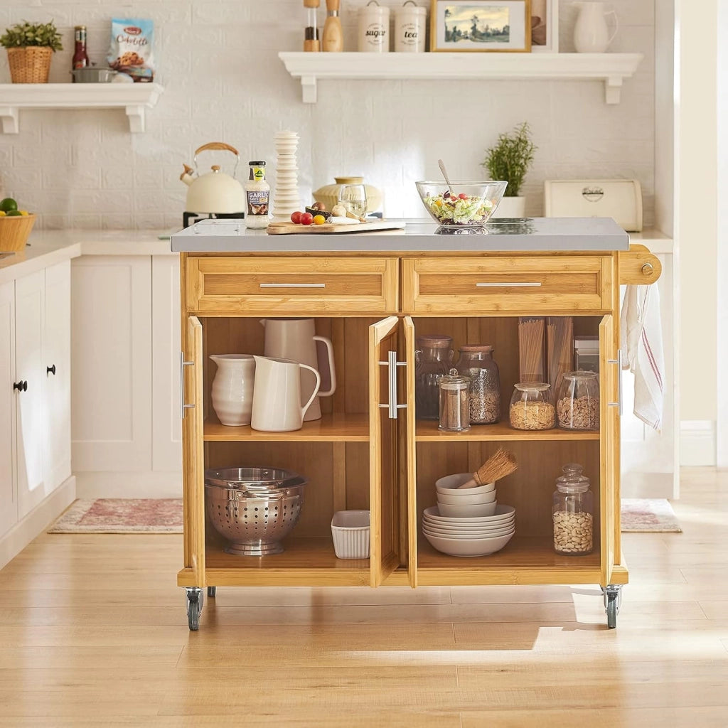 Carrello Cucina con Ruote Isola Cucina con Piano di Lavoro Estensibile, 2 Cassetti e Ripiani Regolabili Mobile Salvaspazio per Mobili da Cucina Naturale 115 x (46-71) x 92 cm FKW69-N