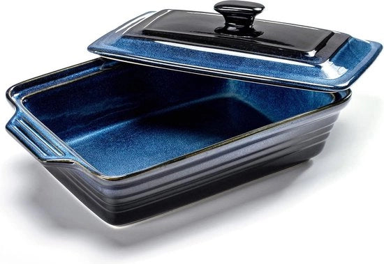 Ovenschalet in ceramica con coperchio, grande scatola da forno - 3 L, scatola da forno ceramica con maniglie per lasagna, utensile da cucina cocotte per forno - smalto reattivo blu.