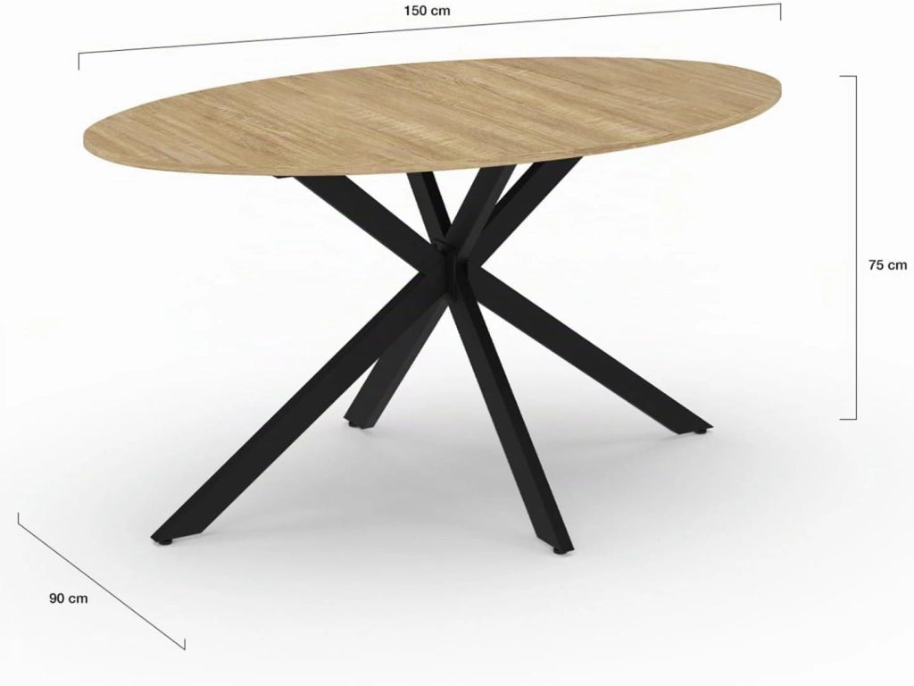 Tavolo da pranzo ovale ALIX, legno e gambe a ragno nere, 8 persone, 150 cm