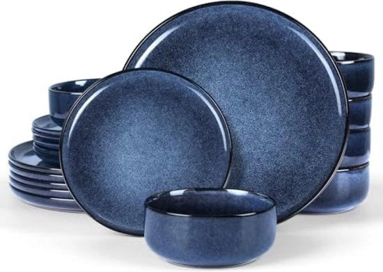 Set da tavola per 6 persone, servizio da 18 pezzi, servizio da tavola, combiservizio, 6 piatti, piatti per dessert, ciotole per muesli, resistente alla lavastoviglie e antiaderente, blu cosmico