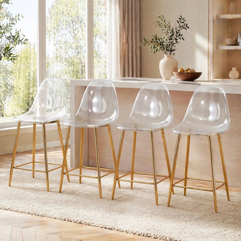Sgabello da bar trasparente con struttura in metallo, design moderno per cucina, isola o sala da pranzo, colore oro