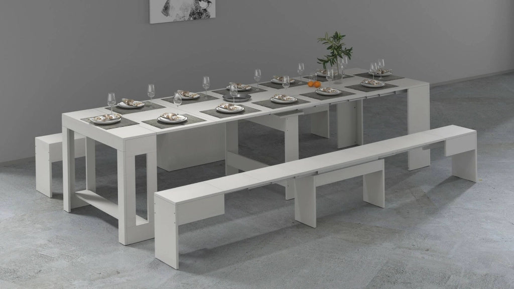 Set tavolo e sedie Auditore, Composizione multiuso, Set con consolle e 2 panche allungabili, 100% Made in Italy, 66x25h45 cm, Bianco
