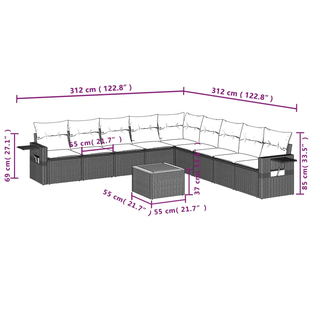 Set Divani da Giardino 10pz con Cuscini in Polyrattan Nero 3256937