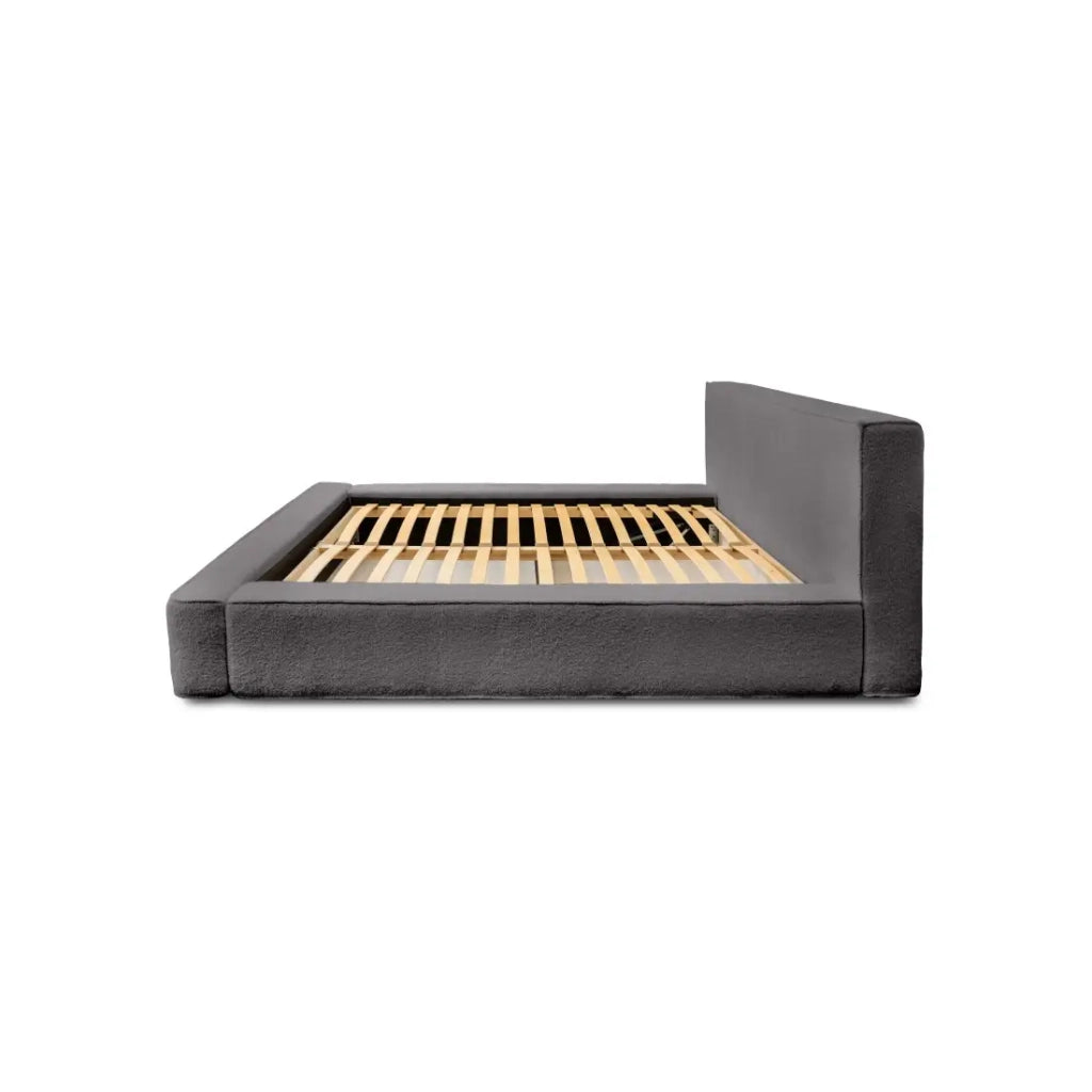 Letto contenitore VELORA – Grigio cenere bouclé – 140x200 cm – Tessuto velluto morbido – Rete sollevabile – Contenitore integrato