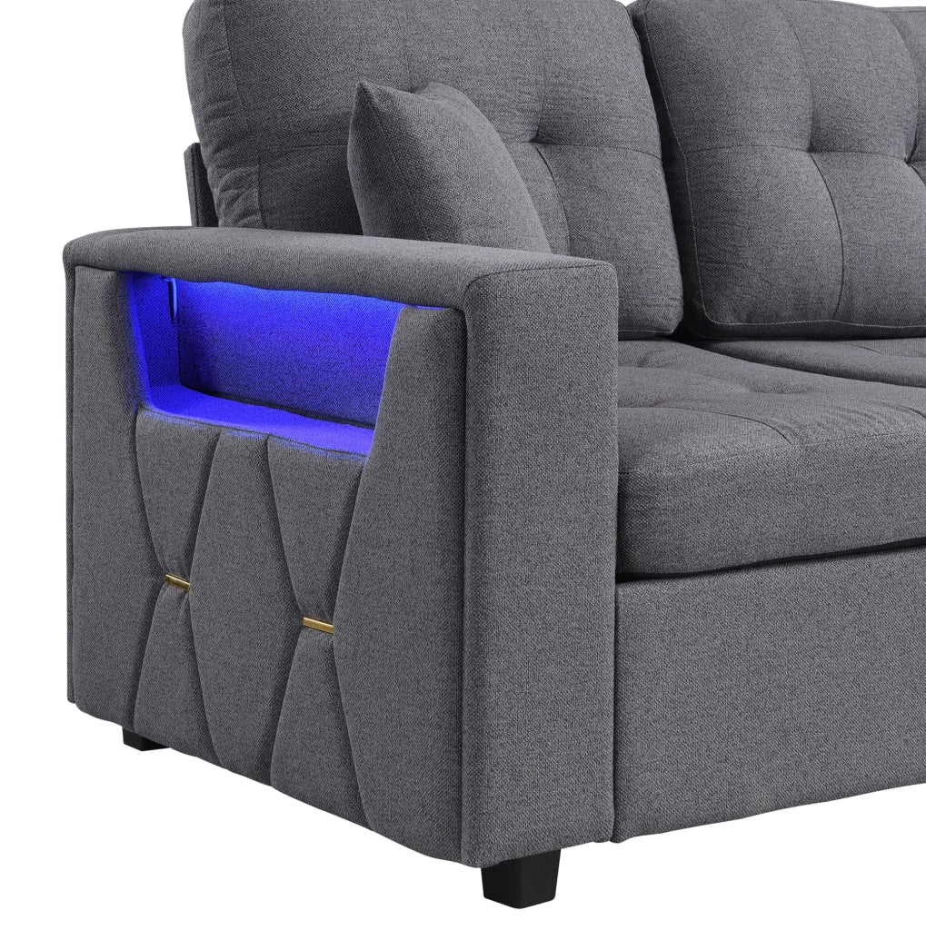 Divano modulare 4 posti con pouf contenitore, LED e porte USB/USB-C in tessuto di lino grigio antico