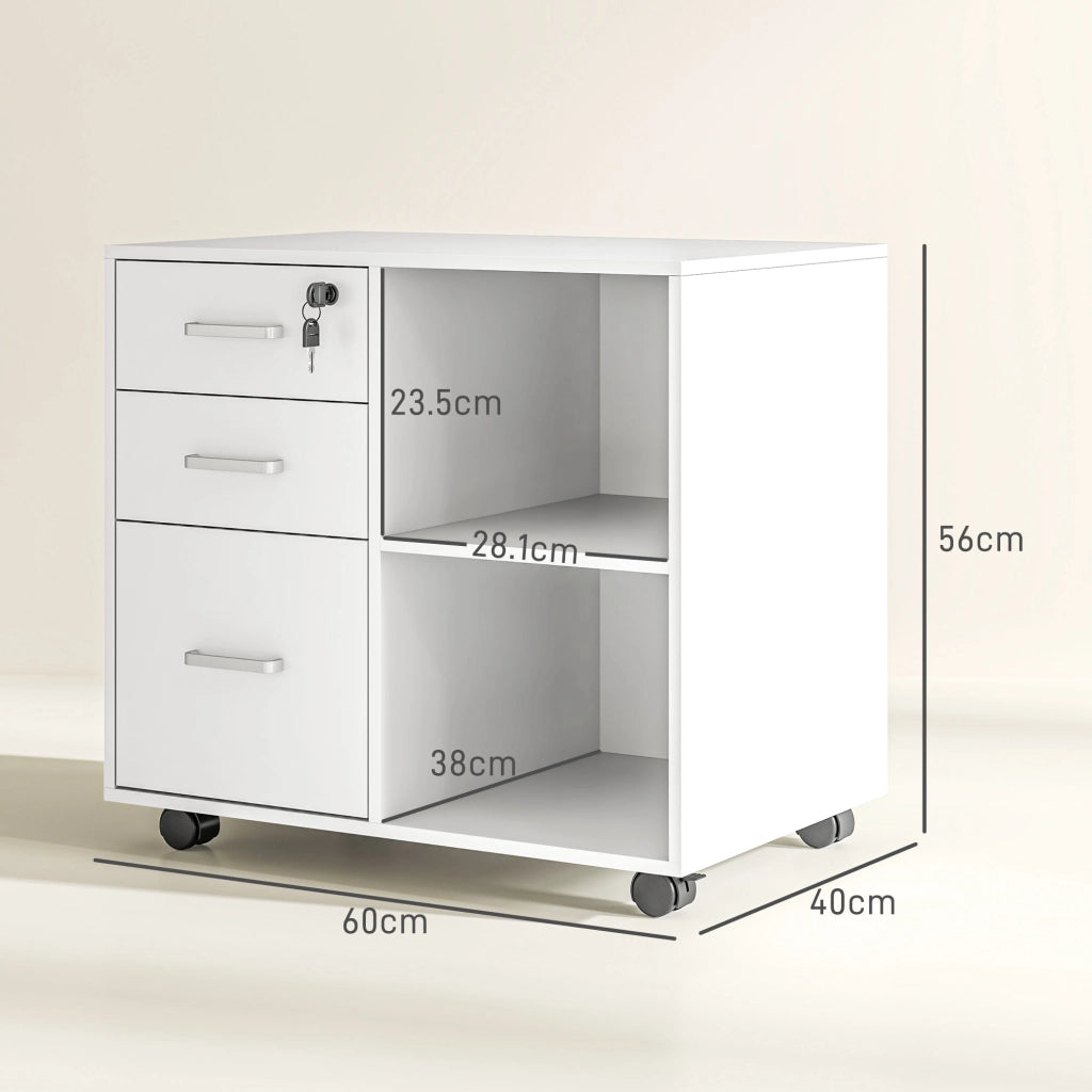 Cassettiera Portadocumenti da Ufficio con 3 Cassetti, Ruote, Serratura e Chiavi, 60x40x56 cm, Bianco