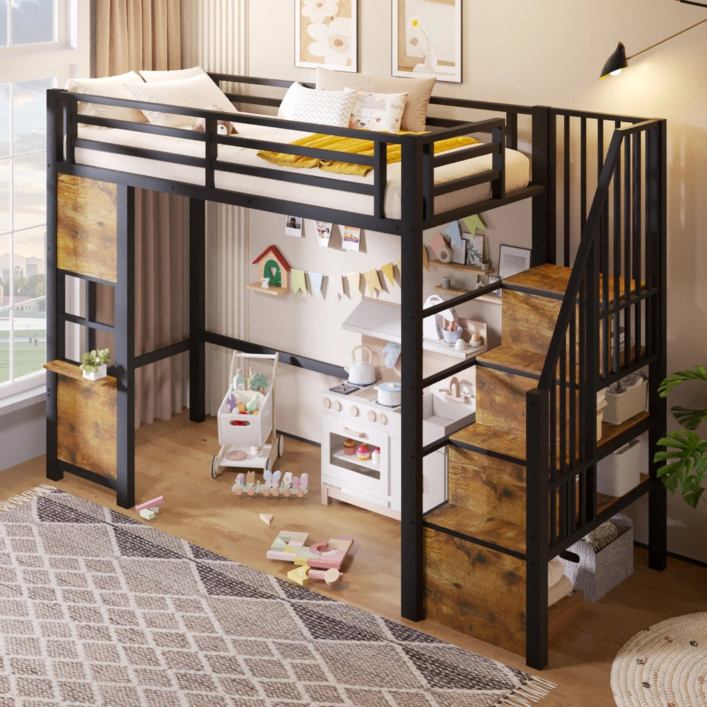 Letto a soppalco 90x200 cm con scala contenitore; finestra; spazio libero sottostante e parapetto; metallo nero