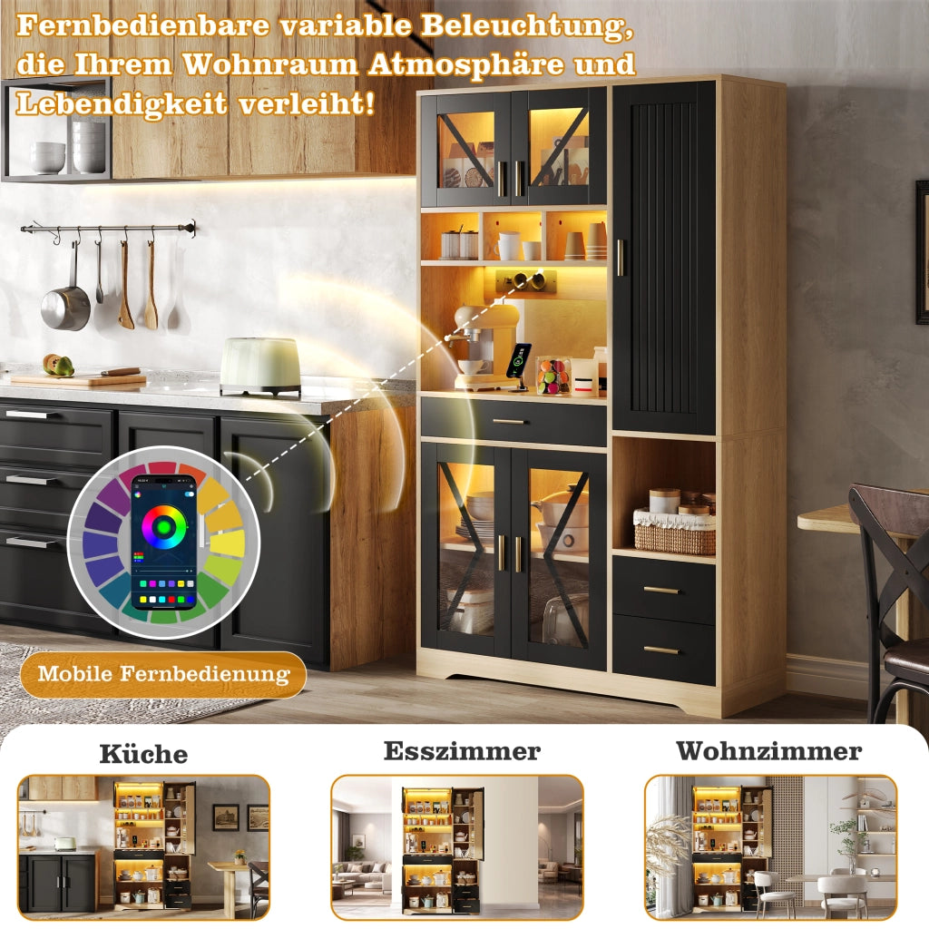 BUFFET Cucina 185x105x40 cm Nero/Naturale in MDF con LED APP e prese