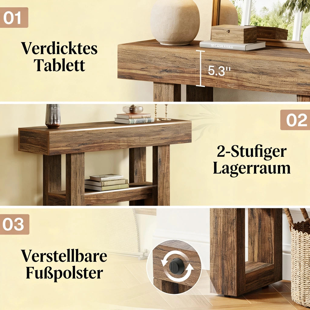 Consolle con 2 ripiani per ingresso e soggiorno, stile rustico, in MDF, marrone, per piccoli spazi, 116 × 35 × 19,5 cm