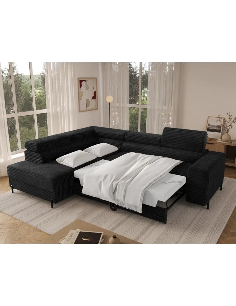 Divano ad angolo COLESIA convertibile 5 posti nero velluto a coste – sinistra – 274x200cm