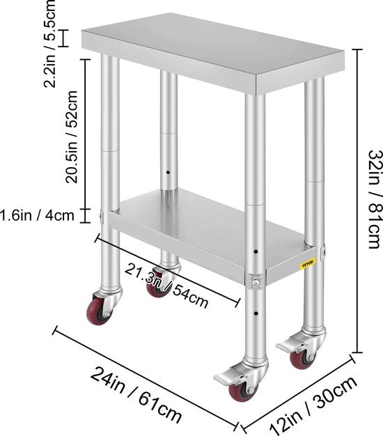 Carrello da Cucina su Ruote - Servizio - Tavolo da Cucina - Tavolo di Lavoro - Con Piastra Regolabile - Acciaio Inossidabile - 61x30x81