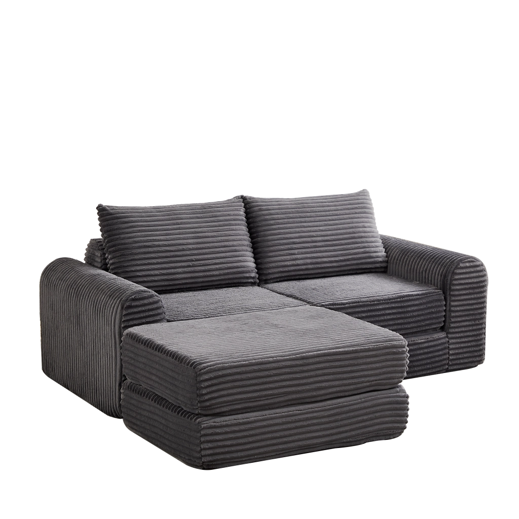 Divano Letto 2 in 1 con Pouf Estraibile e Cuscini ¨C Xylo ¨C Velluto a Coste Angolare Modulare