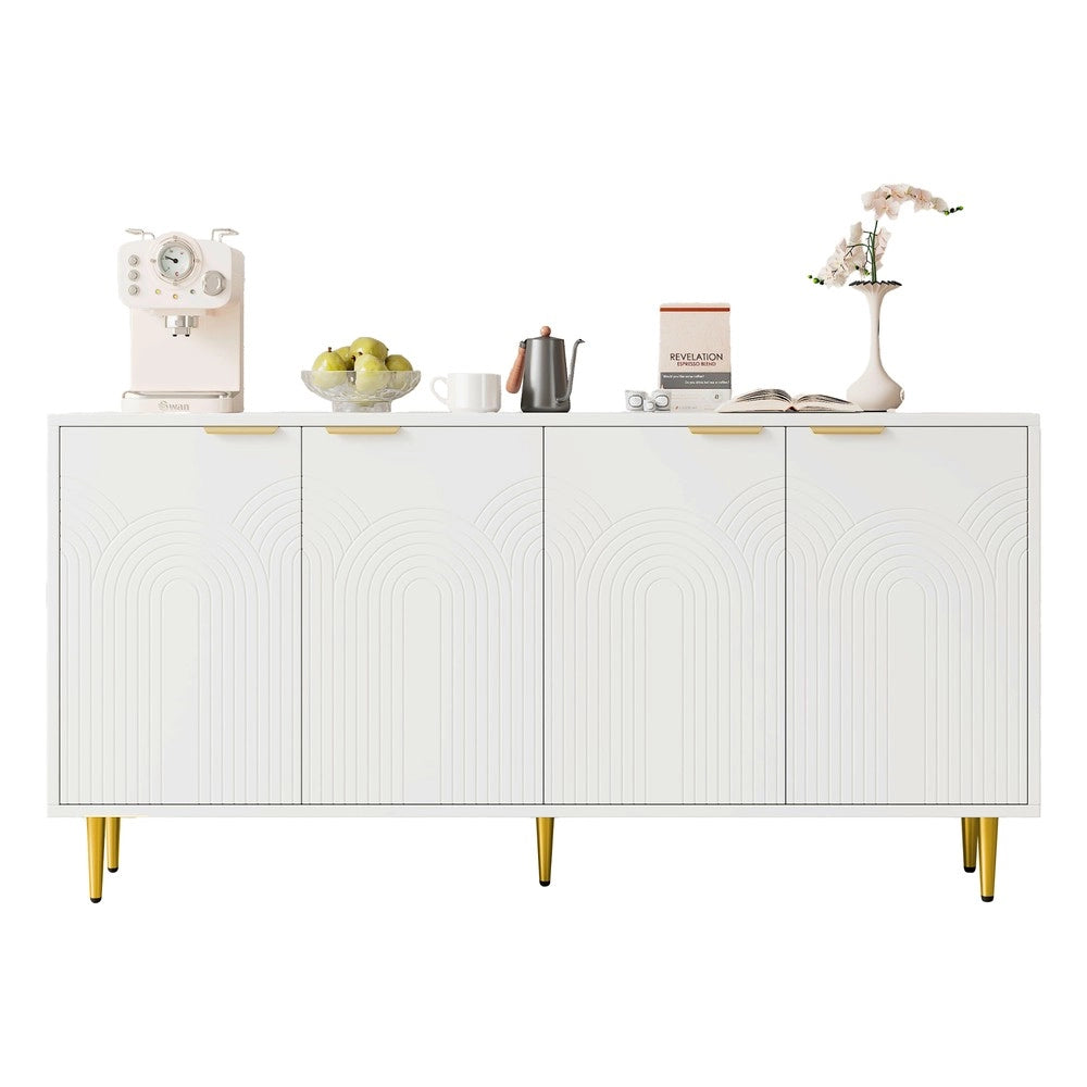 Credenza Soggiorno 4 Ante ¨C MINIMAL ¨C Bianco Lucido, Gambe Dorate, 160x80x40 cm