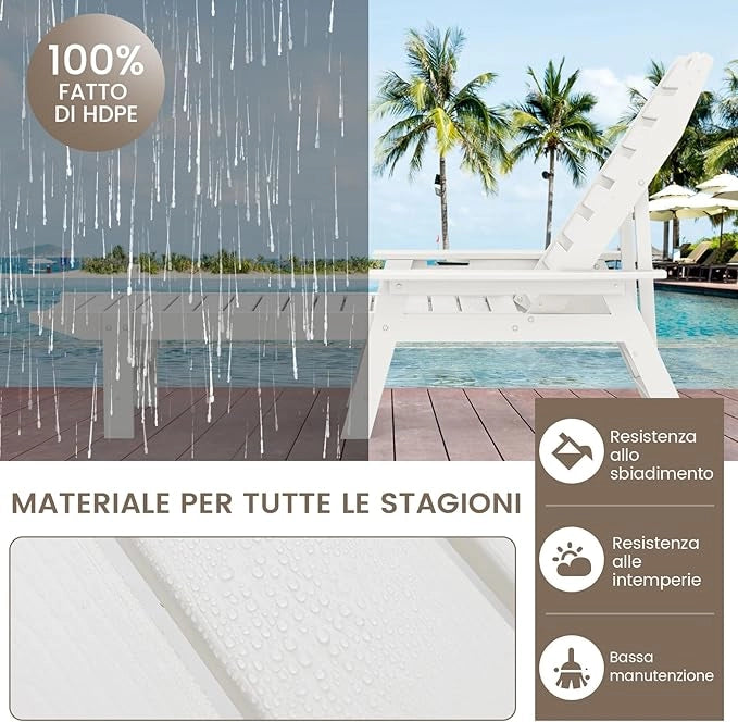 Lettino da Prendisole Giardino, Poltrona Reclinabile da Esterno in HDPE con Schienale Regolabile in 4 Posizioni e Portabicchieri, Sedia a Sdraio da Esterno, Portata 150 kg