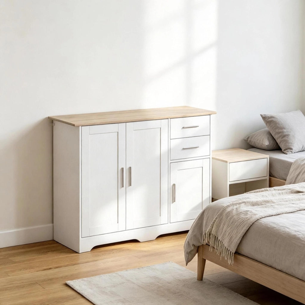 Credenza con 2 cassetti e ripiano regolabile 100x40x78 cm bianco e legno naturale