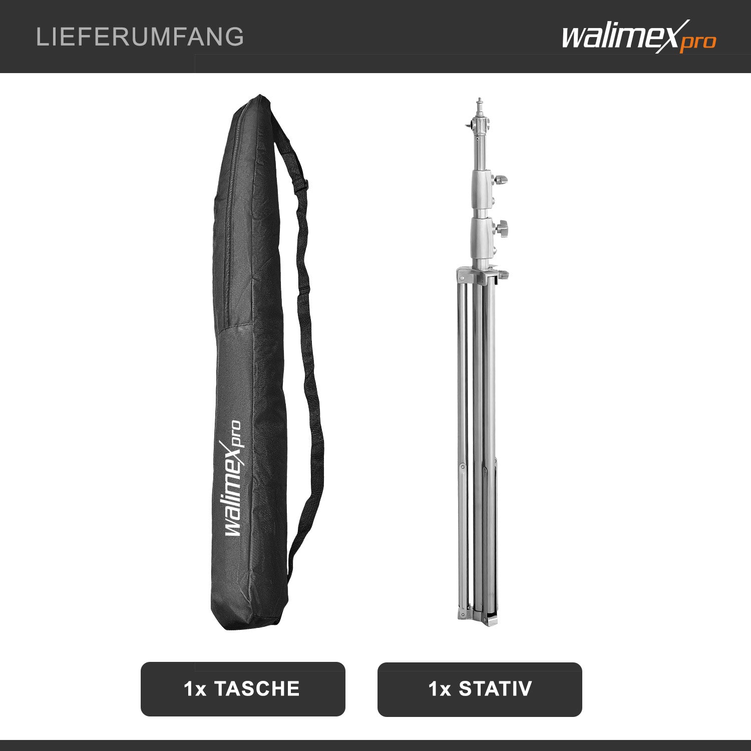 Walimex Pro Heavy Duty Stativo per luci in acciaio inox, max 15 kg, Cavalletto fotografico con altezza regolabile fino a 270 cm, spigot 1/4" e 3/8", per foto e video