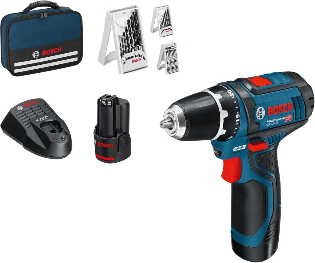 Bosch Professional Sistema 12V Trapano Avvitatore GSR 12V-15, Incl. Batteria 2x2.0 + Caricabatterie, Set Accessori 39 Pz., In Borsa, Amazon Exclusive Set