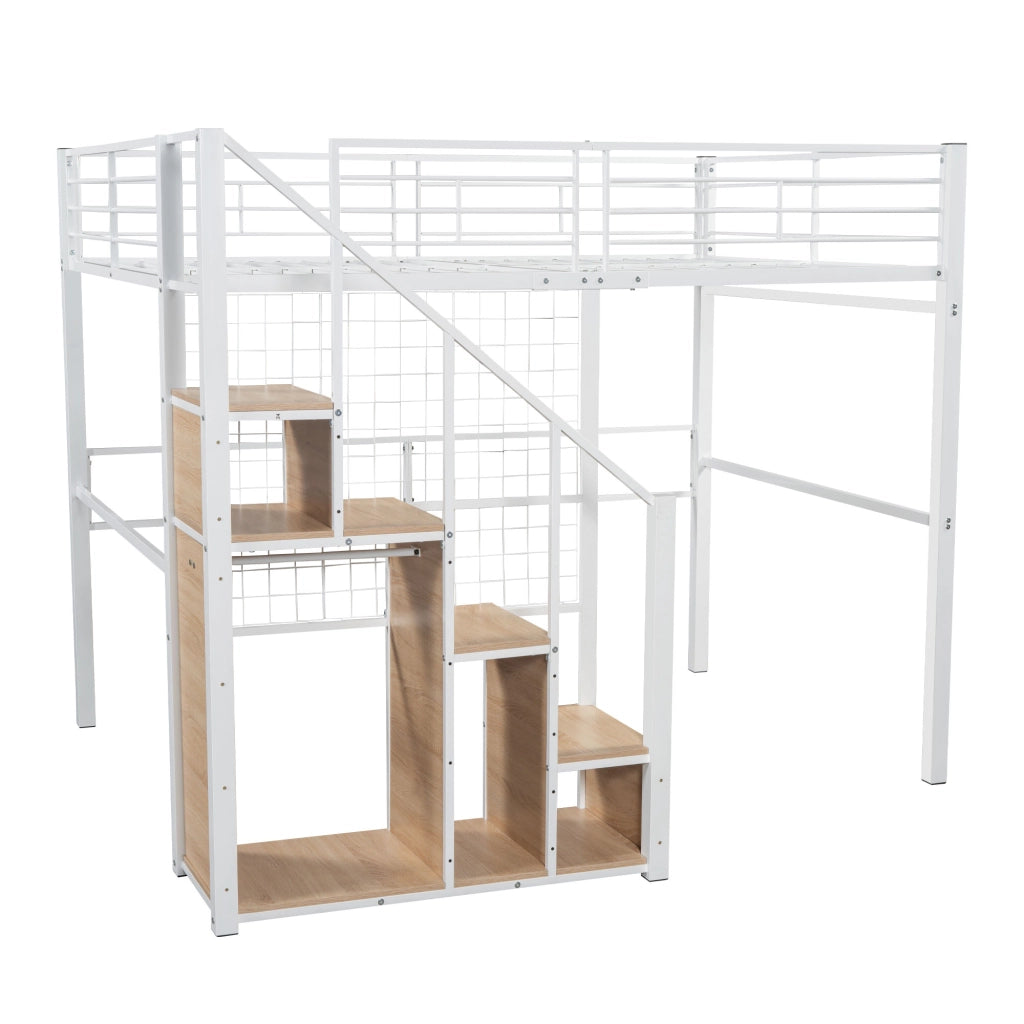 DESMIU Letto a soppalco 2 posti con contenitore, scala a griglia e appendiabiti, 140 × 200 cm, senza materasso