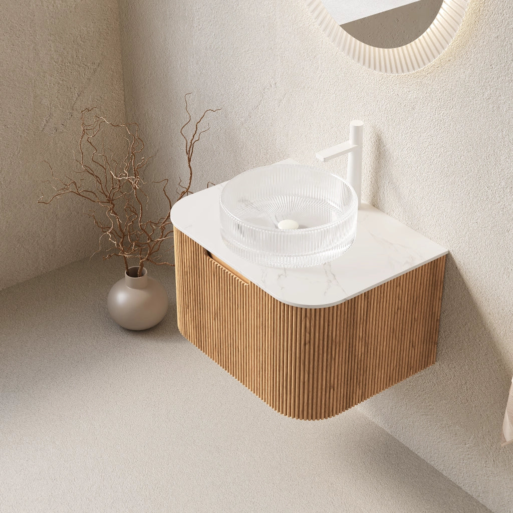 Mobile sottolavabo da bagno con lavabo rotondo in vetro, 1 cassetto e vani contenitore, in compensato, bianco, 61 × 48 × 48,6 cm