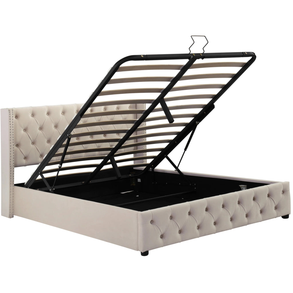 Letto matrimoniale 140x190 cm con contenitore e sollevamento idraulico in velluto beige