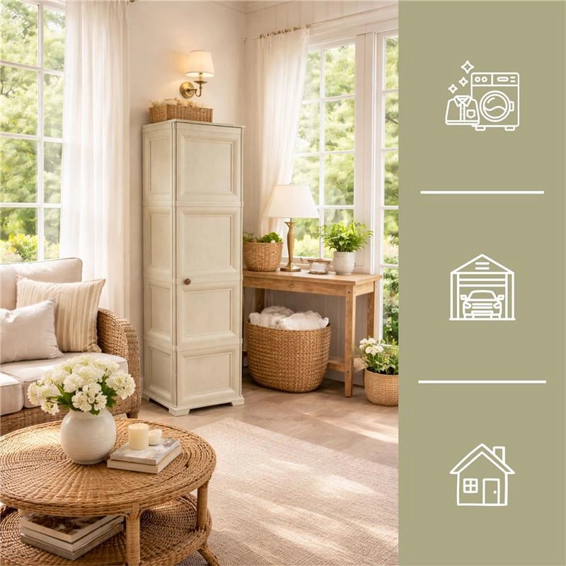 COLONNINA 4 MODULI IN PLASTICA EFFETTO LEGNO CON ANTE LISCE 40X43X164 CM, MOBILETTO ALTO MULTIUSO PER CAMERA, SALOTTO, STUDIO E HOME OFFICE