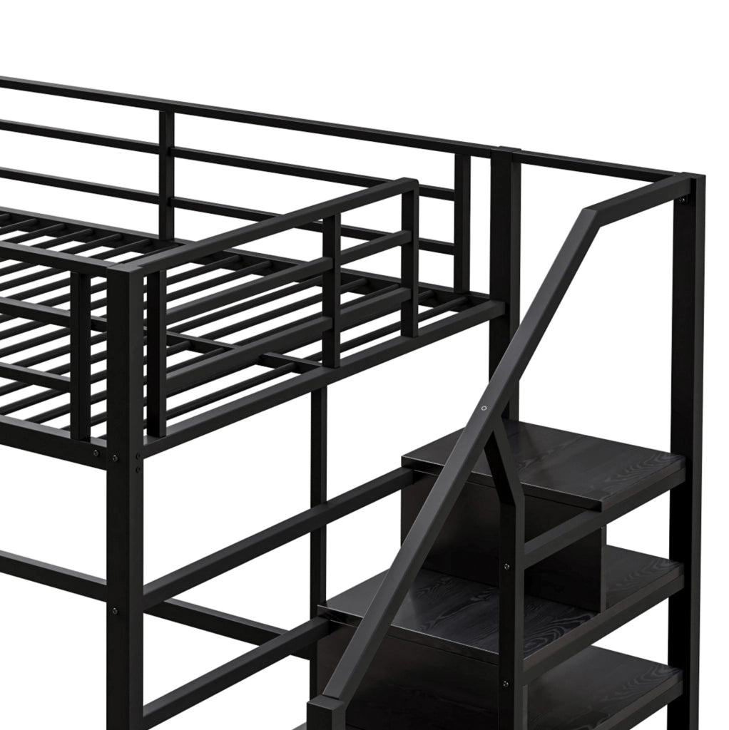 Letto a soppalco 140x200 cm nero con scaffali e scala contenitore