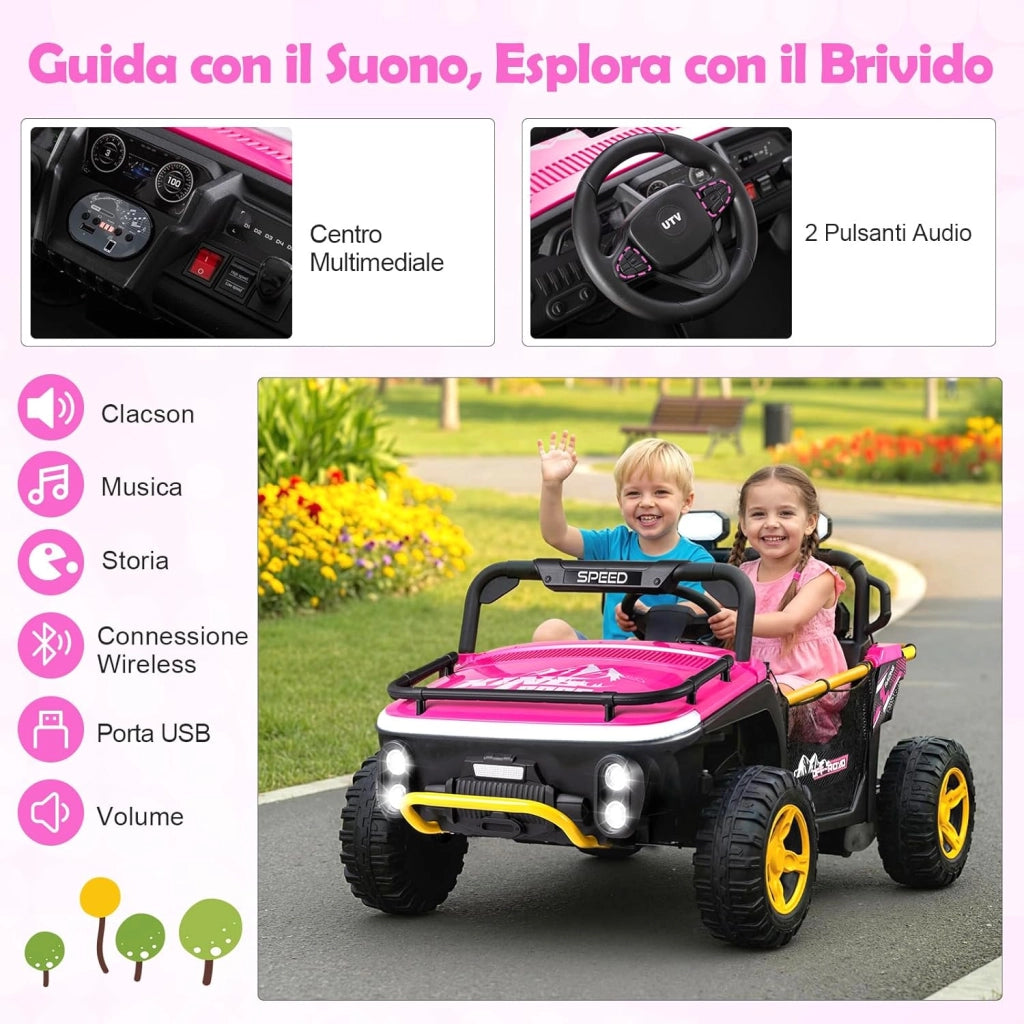 24V Macchina Elettrica per Bambini, Veicolo Elettrico a 2 Posti con Telecomando Clacson Musica Storie Connessione Wireless Luci, 37-86 Mesi (Rosa)