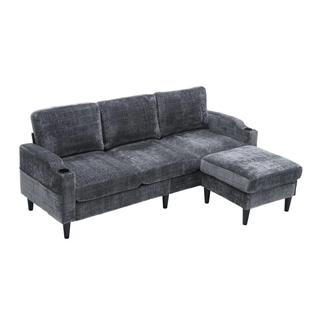 Divano 4 posti in ciniglia grigio con pouf contenitore