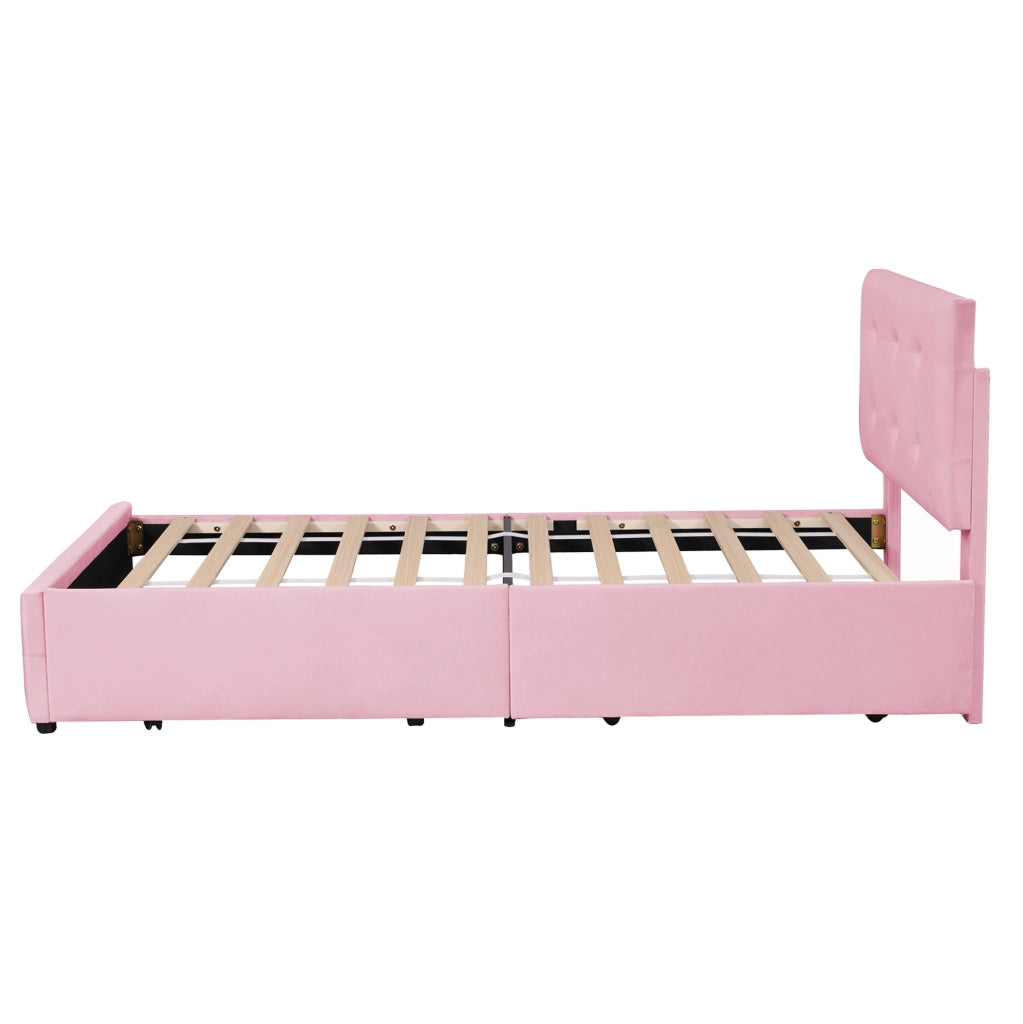 Letto imbottito 90x200 cm con rete a doghe; testiera e cassetto; velluto rosa