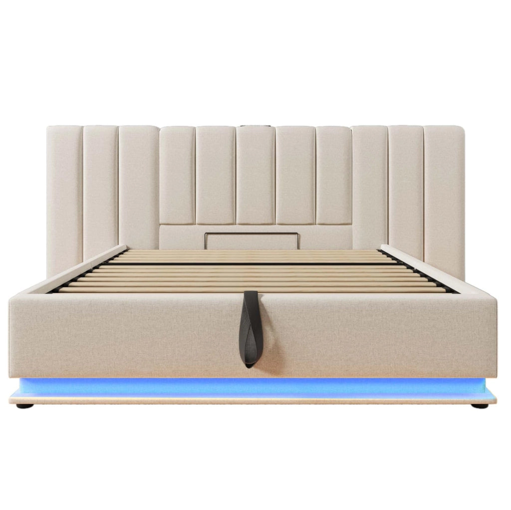 Letto matrimoniale 160x200 cm con contenitore; LED 360掳; ricarica USB e Type-C; lino beige