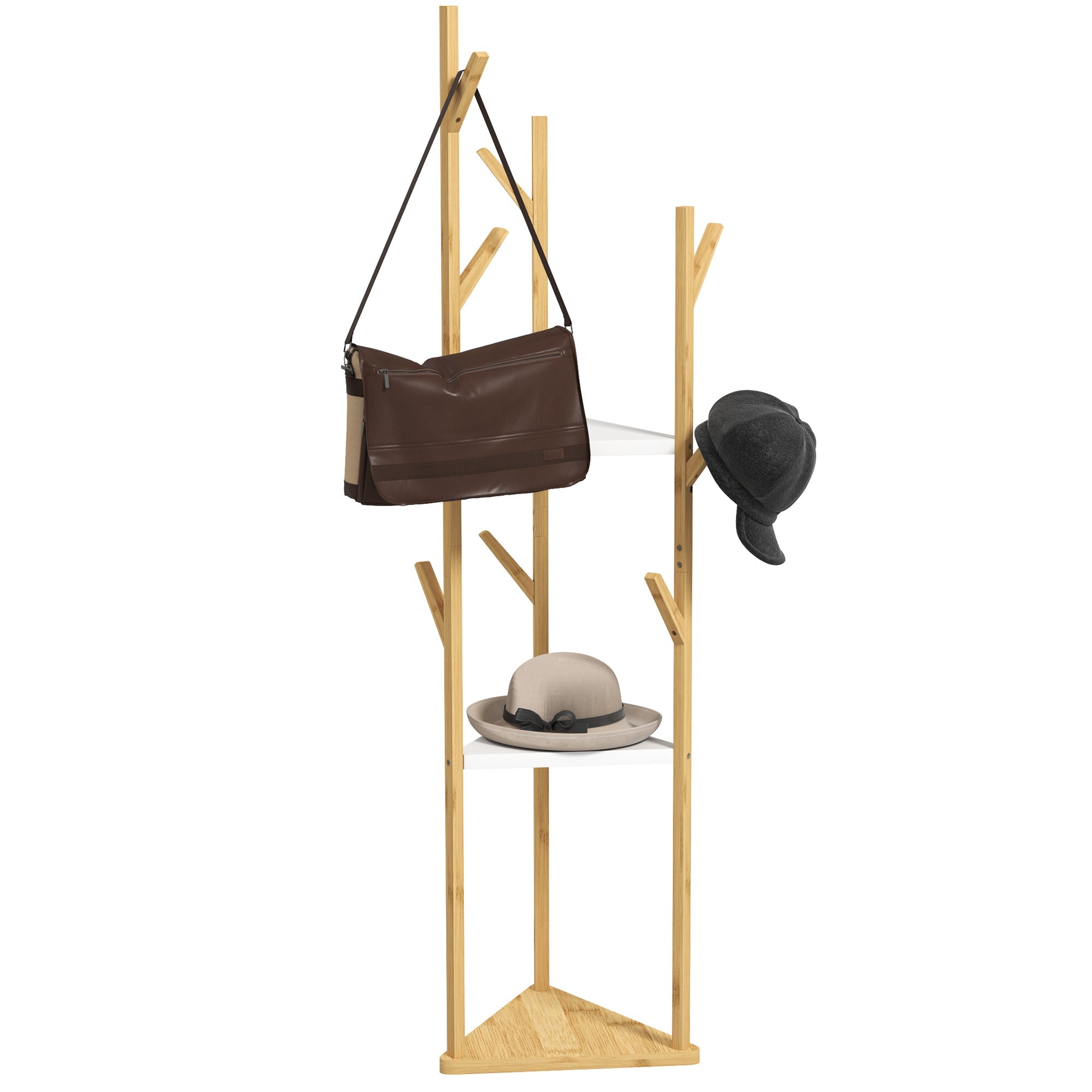 Albero Appendiabiti da Terra 45x45x170 cm con 8 Ganci e 3 Ripiani in Bambù Naturale e Bianco