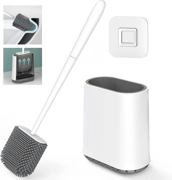 Borsetto per il water con manico di silicone, con supporto per asciugatura rapida, montaggio a parete e da appoggiare, manico lungo per bagno e water (bianco)
